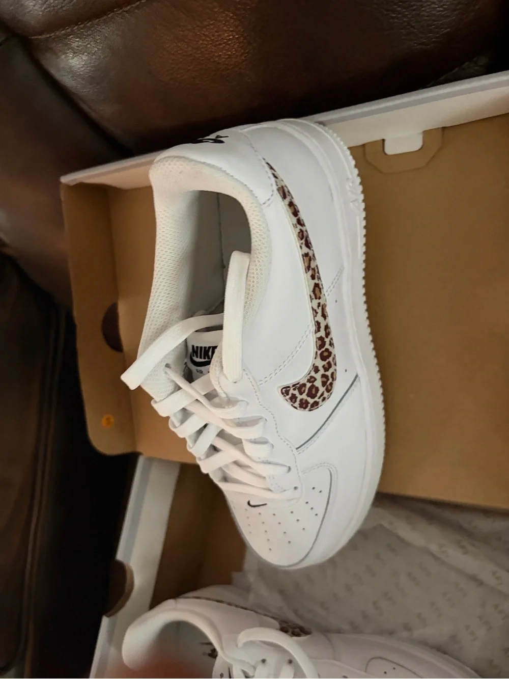 Nike Kids White Sneakers with Leopard Print Swoosh